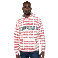 Front view of a black male model wearing the Refused hoodie by Chicago artist Nicholas Hayes. The hoodie it white with red pattern lettering of REFUSED and a black design in the middle of the chest also spelling REFUSED.  Unisex relaxed fit with all-over “REFUSED” print, kangaroo pocket, and drawstring hood; cotton-feel face and brushed-fleece lining for everyday comfort.  A person wearing a white hoodie with the text 'REFUSED' printed in red and black on the hoodie's surface.