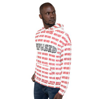 Three-quarter left view on a black male model displaying relaxed fit, drop shoulders, and chest graphic; repeating red “REFUSED” pattern continues across sleeves and hood for a seamless all-over design by Nicholas Hayes, a Chicago Op Art artist. 