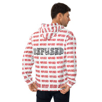 Back view on a white male model turned slightly to the side, emphasizing the centered “REFUSED” back wordmark and pattern continuity across hood, sleeves, and torso; relaxed streetwear styling.  Hoodie designed by Nicholas Hayes, a Chicago artist.