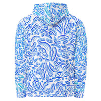 reverse side of a blue and white hooded sweater for men and women.  the shapes are light blue and dark blue and look like splashing ocean water.  the octopus by Nicholas Hayes. optical art artist.