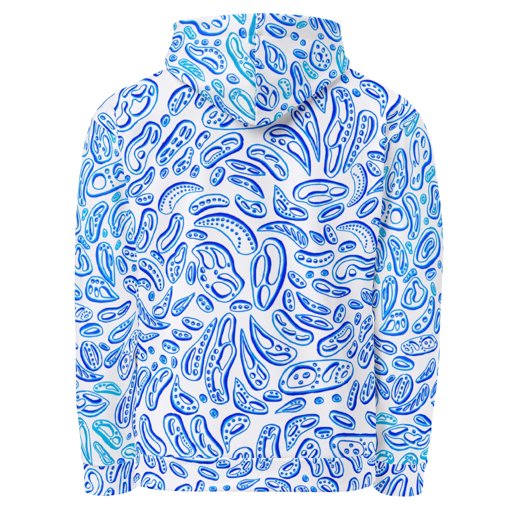 reverse side of a blue and white hooded sweater for men and women.  the shapes are light blue and dark blue and look like splashing ocean water.  the octopus by Nicholas Hayes. optical art artist.