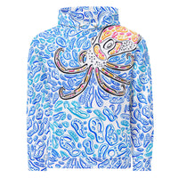 optical illusion octopus design for clothing. a hoodie with a colorful octopus on the front.  the shapes swirl and splashing water illusion.  ocean art, nautical design by Nicholas Hayes Art, op art artist. 