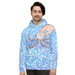 a white man with dark hair wearing a blue and white hooded sweatshirt with a black, red, and orange octopus.  the shapes are optical illusions.  optical art by Nicholas Hayes artist. nautical design, ocean art design. octopus optical illusion. 