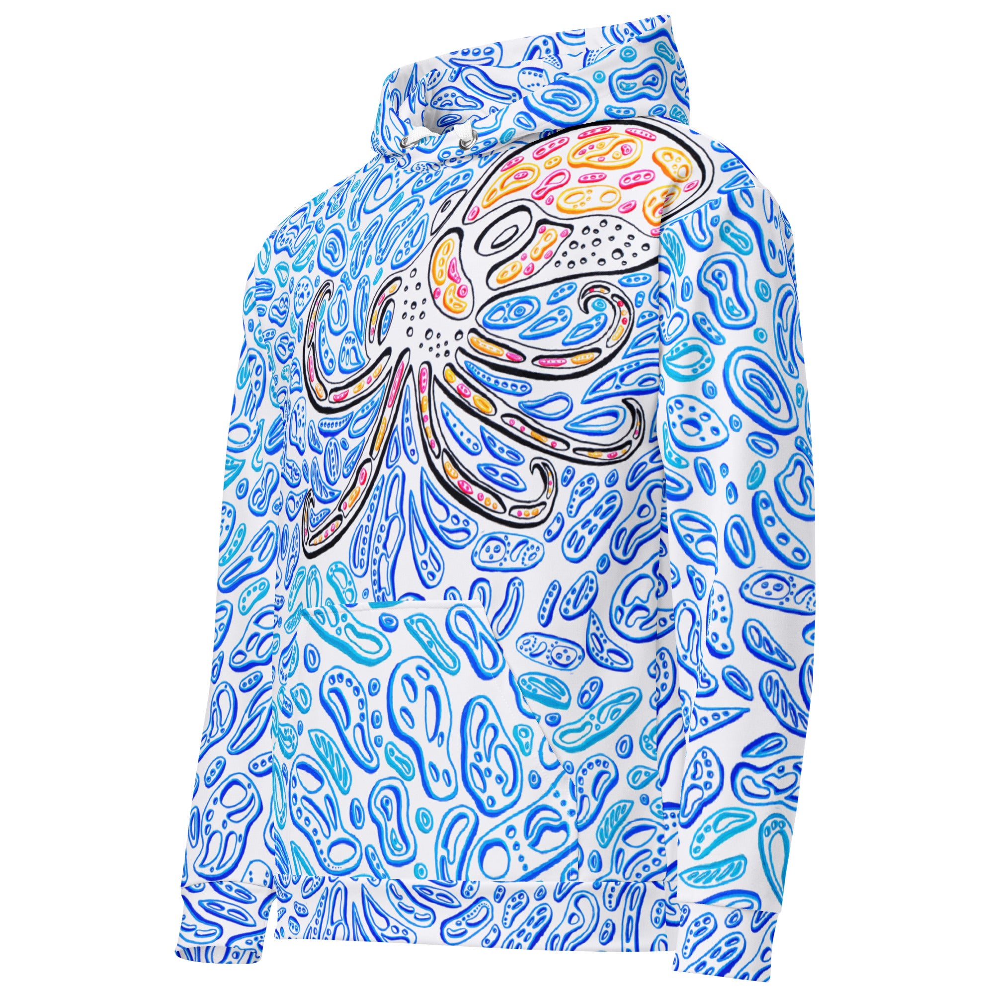 a blue and white hoodie sweatshirt for women with a black octopus.  ocean art design. optical illusion artworks, octopus clothing design.  light blue dark blue shapes. Nicholas Hayes artist op art. 