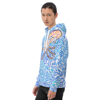 an Asian man wearing a blue hoodie sweater for men and women.  the hoodie has a design of an octopus.  the octopus is black, red, and orange. ocean camouflage. octopus art design.  octopus optical illusion clothing design.  Nicholas Hayes Artist. 