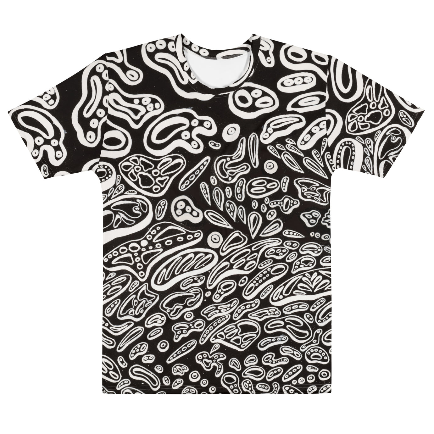 Flat-lay front view of trippy black and white crew neck shirt shot showing centered abstract artwork, smooth knit jersey and straight hem; premium all-over print tee designed for vivid color, soft hand feel, and durable wear, sizes XS–2XL. Design by artist Nicholas Hayes.