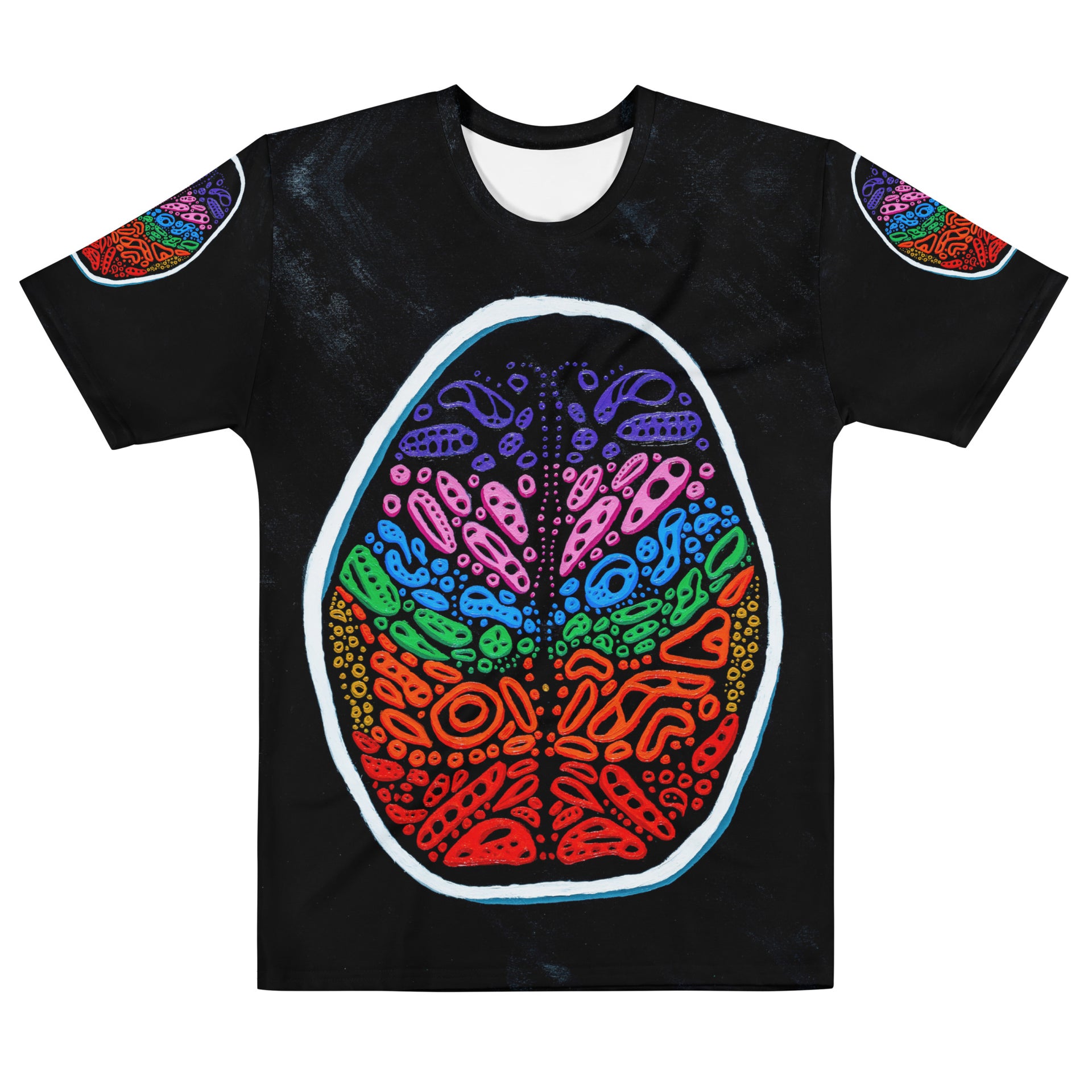 Front view of Penumbra Painting No. 2 men’s T-shirt by Chicago artist Nicholas Hayes. Crew neck, short sleeves, all-over abstract Penumbra print on cotton-touch polyester jersey with four-way stretch for everyday streetwear comfort.