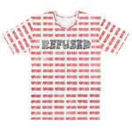Front view flat lay of Refused Men’s T-Shirt by Chicago artist Nicholas Hayes. Premium all-over print crew neck featuring bold black “REFUSED” wordmark over repeating red pattern and lettering; regular fit, cotton-touch polyester jersey, four-way stretch, ideal for streetwear and everyday outfits.