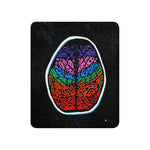 A sherpa blanket with a colorful mandala-like pattern inside an illustration of a human skull on a black background. Penumbra Painting No. 2 sherpa blanket by Chicago artist Nicholas Hayes. Front view showing abstract Penumbra artwork on smooth polyester top, plush sherpa underside hidden; modern cozy art throw for couch or bed.