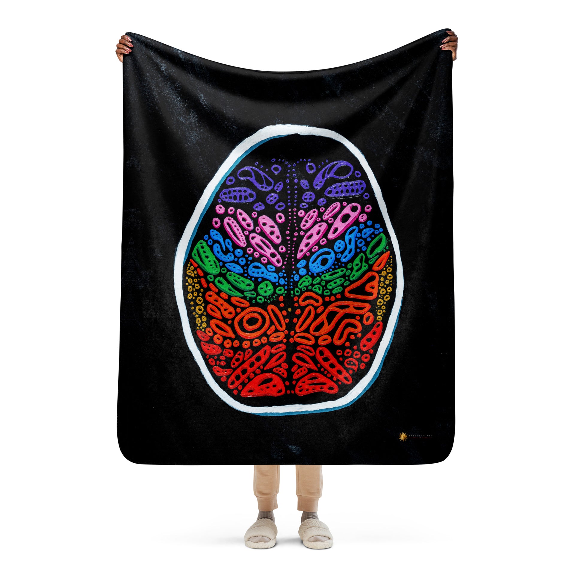 Penumbra Painting No. 2 sherpa blanket held up to show full abstract design coverage; lightweight yet warm polyester sherpa throw ideal for modern living rooms, bedrooms, or home studios. Design by Nicholas Hayes.