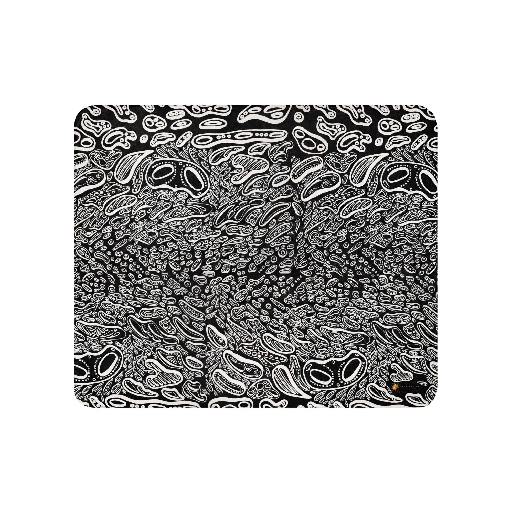 Front view of the Penumbra Painting No. 1 sherpa blanket by Chicago artist Nicholas Hayes. Abstract black-and-white artwork on smooth polyester top; modern cozy throw for couch or bed.  Black background with 3D white shapes. 