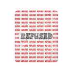 A blanket with the word 'REFUSED' written in capital letters, surrounded by a red border. Flat product view of the Refused sherpa blanket by Chicago artist Nicholas Hayes. white front with repeating red “REFUSED” pattern and oversized black wordmark of REFUSED, rounded corners; contemporary graphic throw for couch or bed.