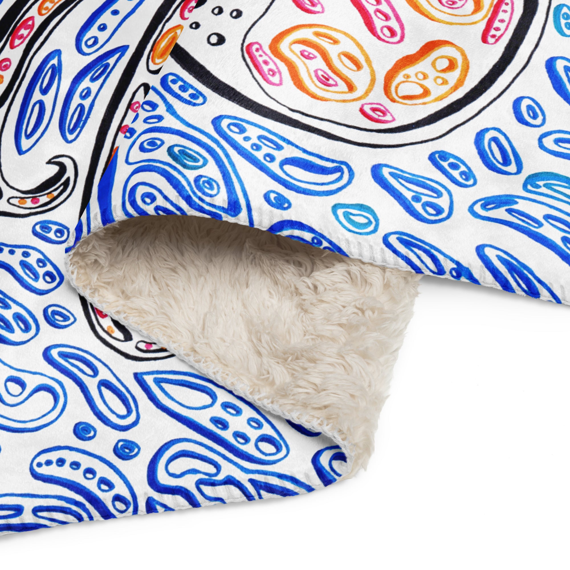 a folded fleece blanket with a painting of an octopus.  light blue shapes and dark blue shapes making the effect look like water.  white background.  octopus art.  ocean art.  optical art by Nicholas Hayes.  Op art.