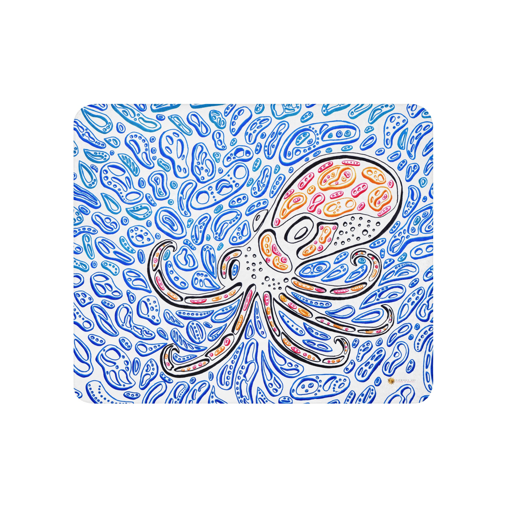 Sherpa blanket with a picture of an octopus.  The octopus is red, black and orange.  There are blue shapes that look like water.  Optical Illusion artwork by Nicholas Hayes. op art. light blue and dark blue shapes.  Octopus art.  Ocean vibes.  Oceanic art.