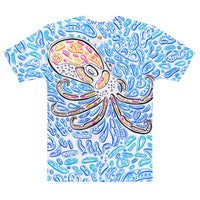 Flat-lay back view showing an optical illusion of an octopus head and tentacles spanning the entire back over blue abstract shapes.  Wearable optical illusion artwork by Chicago artist Nicholas Hayes.