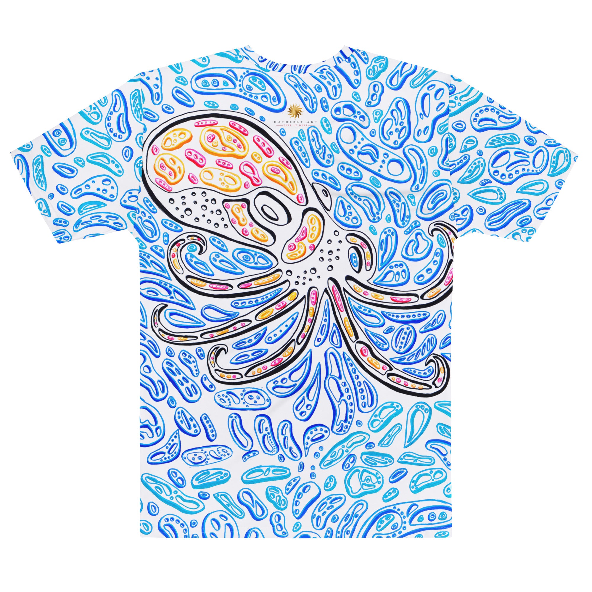 Flat-lay back view showing an optical illusion of an octopus head and tentacles spanning the entire back over blue abstract shapes.  Wearable optical illusion artwork by Chicago artist Nicholas Hayes.