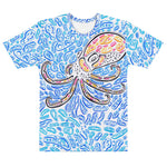 Flat-lay front view of “The Octopus” all-over print unisex t-shirt by Nicholas Hayes, featuring a multicolor octopus over a blue abstract pattern.