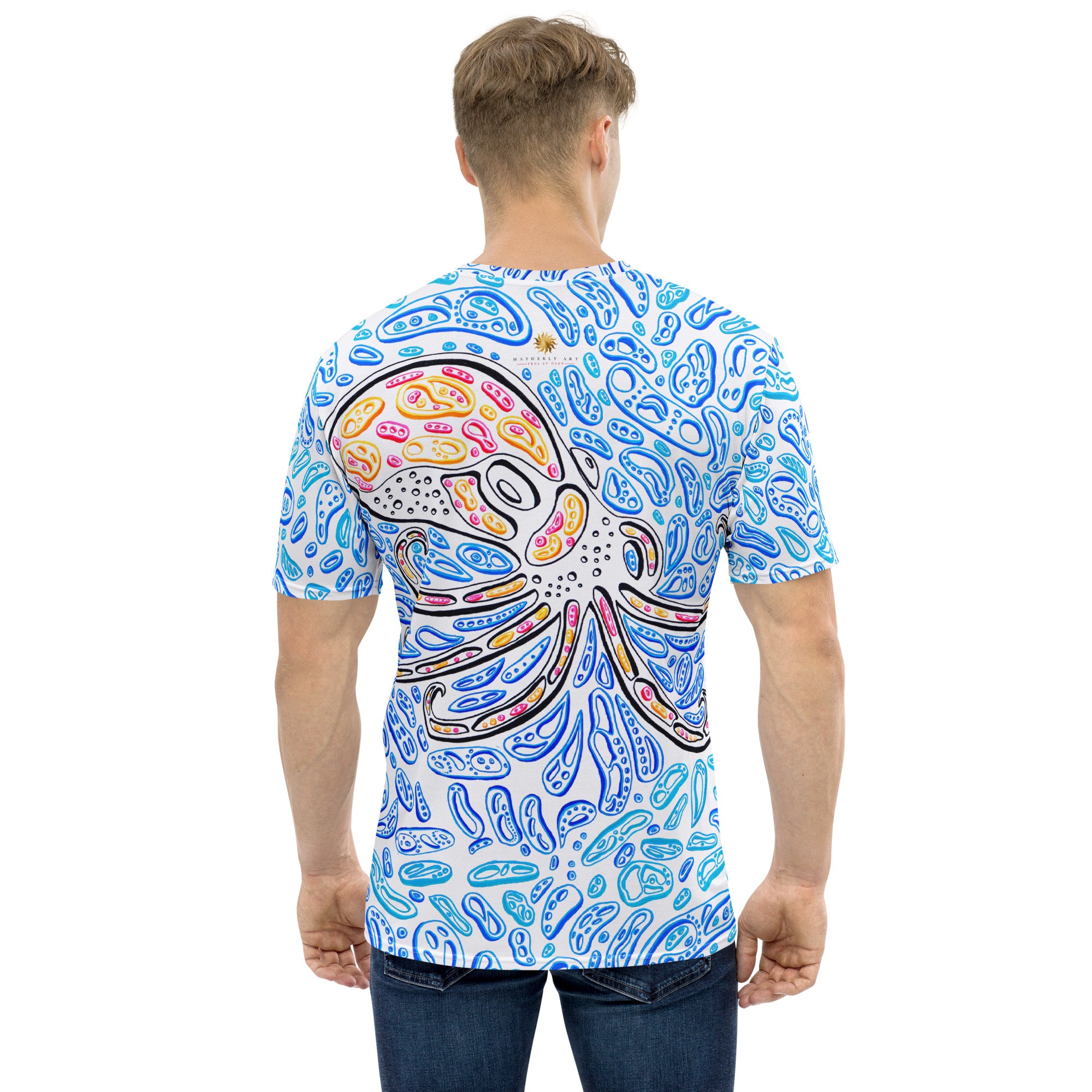 Back view on a male model with blonde hair displaying the full optical art of the octopus artwork across the upper and mid-back.  Blue cellular shapes flow throughout.  Op art by Nicholas Hayes an artist from Chicago.