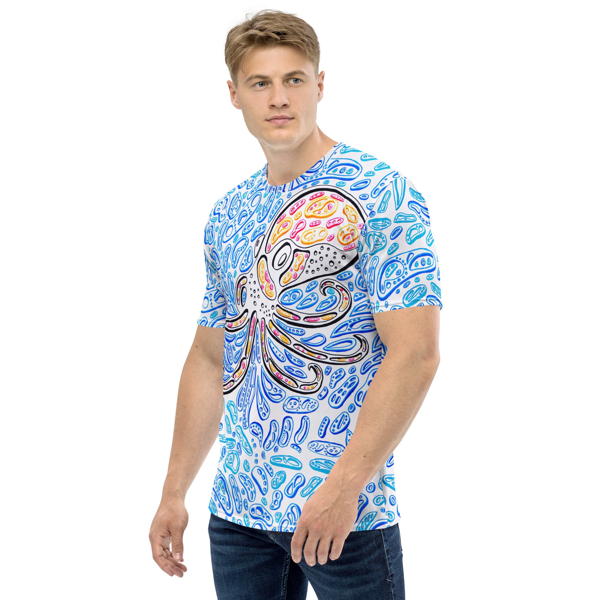 Three-quarter left angle on model highlighting the octopus head near the shoulder and sweeping tentacles across the torso.  Optical illusion artwork by Nicholas Hayes.  Op Art. Blue shapes that look like water.  A black octopus on the center of the shirt.
