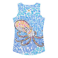 Flat-lay back view of a black and orange Octopus women’s tank. full octopus artwork wraps across back; microfiber performance fabric with stretch recovery supports comfort and mobility in training or daily outfits.  Blue shapes on a white background look like splashing ocean water. 