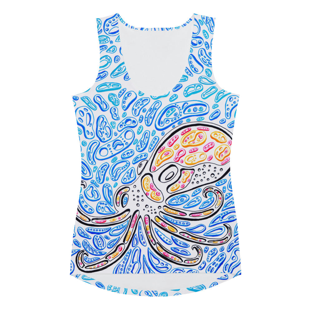 Flat-lay front view of The Octopus women’s tank top by Nicholas Hayes. Psychedelic octopus all-over print, smooth microfiber, four-way stretch activewear with dipped hem and below-hip fit; ideal for workouts or everyday wear.