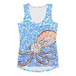 Flat-lay front view of The Octopus women’s tank top by Nicholas Hayes. Psychedelic octopus all-over print, smooth microfiber, four-way stretch activewear with dipped hem and below-hip fit; ideal for workouts or everyday wear.