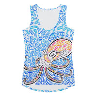 Flat-lay front view of The Octopus women’s tank top by Nicholas Hayes. Psychedelic octopus all-over print, smooth microfiber, four-way stretch activewear with dipped hem and below-hip fit; ideal for workouts or everyday wear.
