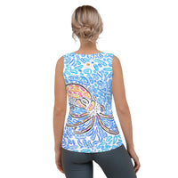 Back view on model wearing The Octopus women’s tank—psychedelic octopus design flows across back; fitted, below-hip length tank in stretchy microfiber for comfortable gym sessions, yoga, or casual errands. At design by Chicago based artist Nicholas Hayes.