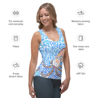 Front view on model with feature callouts. For workouts and everyday, fitted, 4-way stretch fabric, moisture-wicking fabric, tear away care label, UPF 50+.  The Octopus women’s tank highlights fitted cut, four-way stretch fabric, moisture-wicking performance, UPF note, and tear-away care label; Nicholas Hayes ocean art print for statement activewear style.
