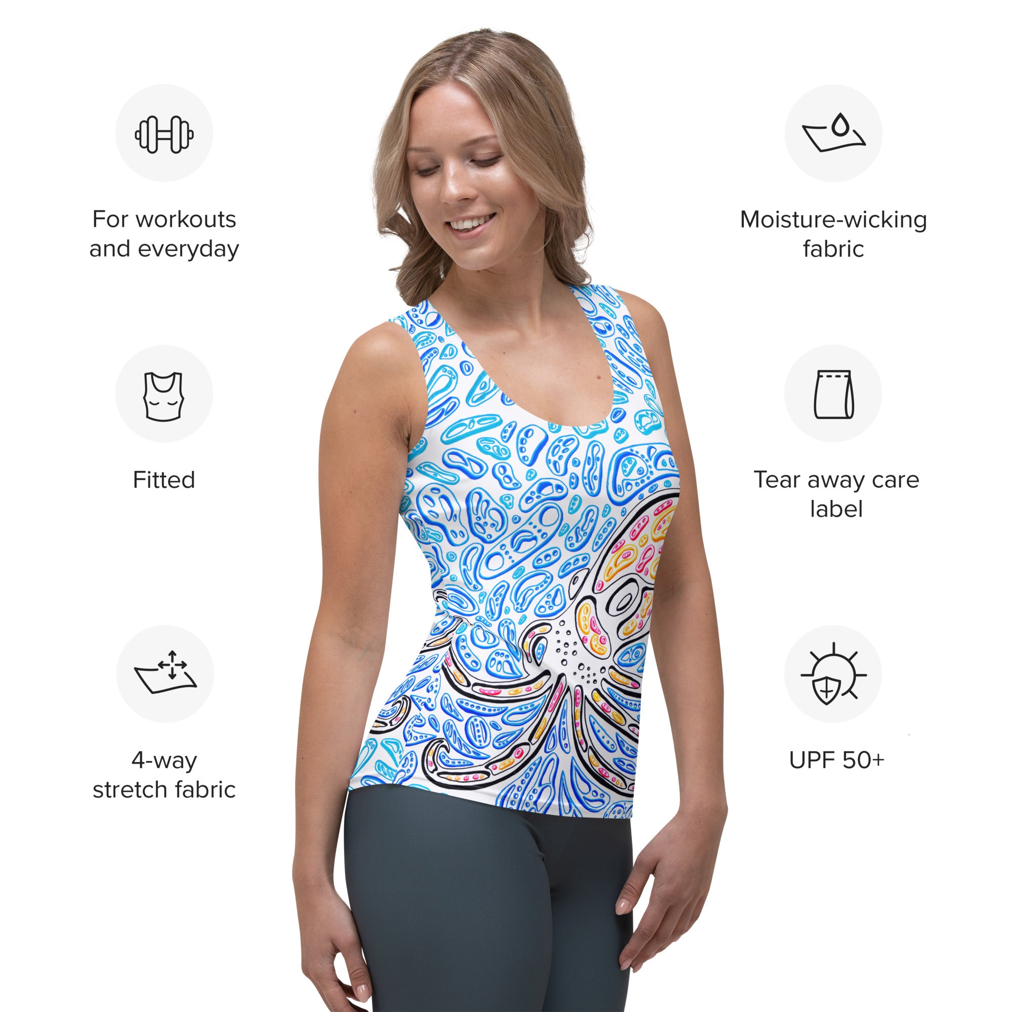 Front view on model with feature callouts. For workouts and everyday, fitted, 4-way stretch fabric, moisture-wicking fabric, tear away care label, UPF 50+.  The Octopus women’s tank highlights fitted cut, four-way stretch fabric, moisture-wicking performance, UPF note, and tear-away care label; Nicholas Hayes ocean art print for statement activewear style.