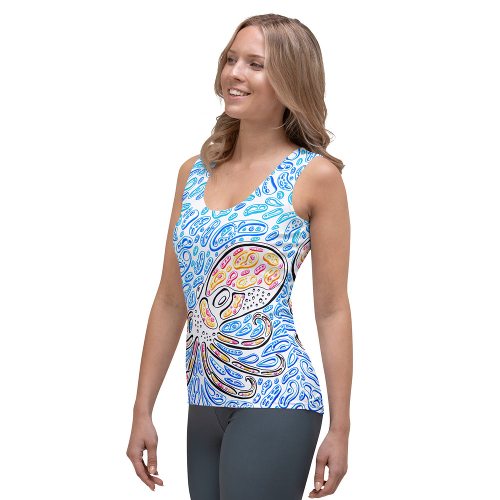 Model left-front angle wearing trippy optical illusion The Octopus women’s tank. Vibrant ocean art graphic, fitted silhouette, breathable microfiber, four-way stretch for movement; Nicholas Hayes wearable art tank styled with leggings for an athletic, casual look.