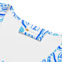 Close-up of neckline and inner tag on The Octopus women’s tank top. Clean overlock stitching, smooth fabric, soft feel against skin; branding label detail emphasizes quality construction for durable activewear. Nicholas Hayes Art graphic tee.