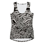 Flat-lay front product shot of Penumbra Painting No. 1 women’s tank showing seam-to-seam trippy abstract artwork, clean stitching, and soft microfiber fabric designed for comfort, color accuracy, and durable wear in the USA. Art and design by Nicholas Hayes Art, LLC.