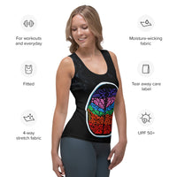On-body lifestyle image of the Penumbra Painting No. 2 women’s tank. Form-fitting silhouette, below-hip coverage, and vibrant abstract print; styled for gym sessions, festivals, or casual streetwear layering. Art by Nicholas Hayes.