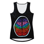 A black tank top with a colorful illustration of a human brain on the front. Front view of Penumbra Painting No. 2 women’s tank top by Chicago artist Nicholas Hayes. All-over abstract print, smooth microfiber yarn, four-way stretch, dipped hem, below-hip fit for activewear comfort and modern streetwear styling.