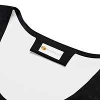 Three-quarter angled view highlighting contouring fit and wraparound Penumbra design; breathable microfiber, four-way stretch knit, and dipped hem that sits just below the hips for movement during workouts or everyday wear. Art by Nicholas Hayes, a Chicago based optical illusion artist.