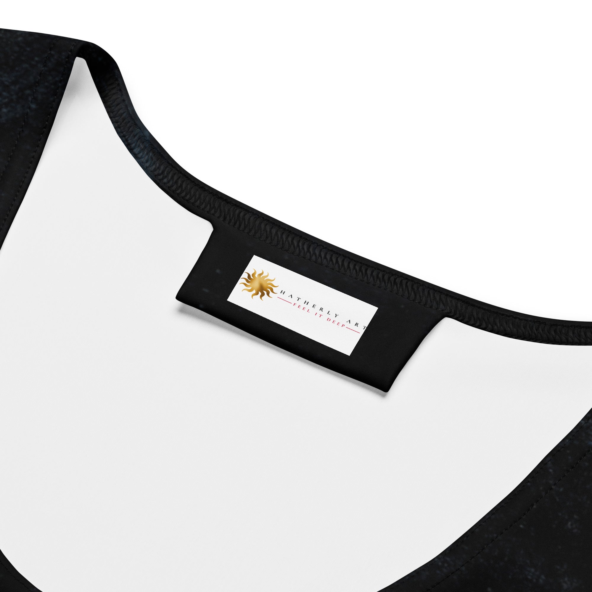 Three-quarter angled view highlighting contouring fit and wraparound Penumbra design; breathable microfiber, four-way stretch knit, and dipped hem that sits just below the hips for movement during workouts or everyday wear. Art by Nicholas Hayes, a Chicago based optical illusion artist.