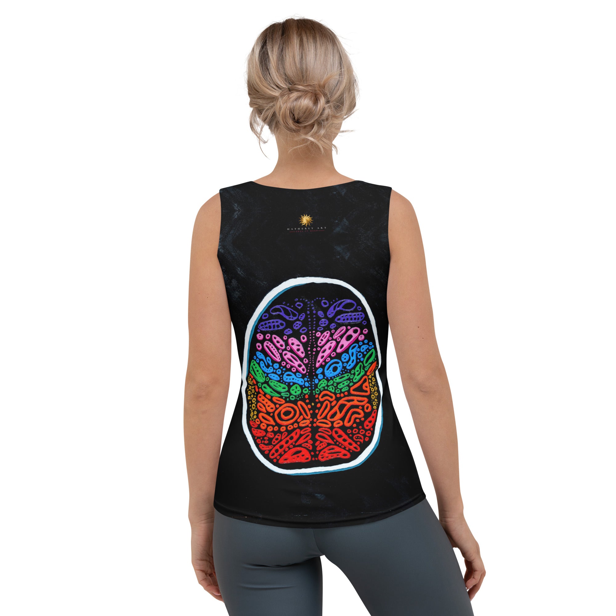 Close-up of neckline and shoulder area—crisp sublimation detail, smooth knit surface, and neat seams on the Penumbra tank top; demonstrates durable construction and comfortable, tagless interior finish. Art by Nicholas Hayes.