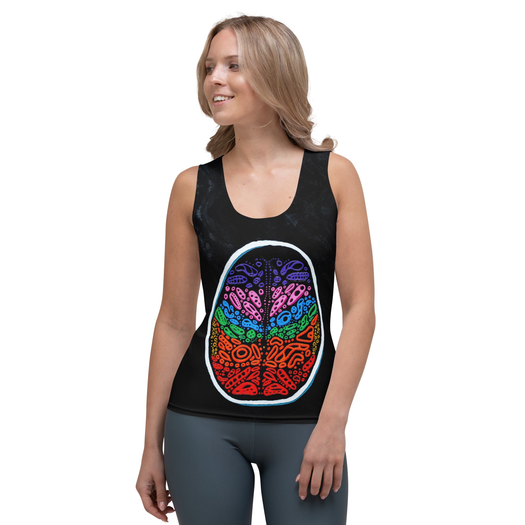 Flat-lay front product shot showing the Penumbra abstract artwork printed seam-to-seam on the women’s tank; scoop neckline, clean stitching, and soft, stretchy 82% polyester / 18% spandex performance fabric. Art and design by Nicholas Hayes.