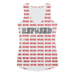 Front view of Refused women’s tank top by Chicago artist Nicholas Hayes. Form-fitting cut, all-over red “REFUSED” pattern with bold black wordmark on chest; smooth microfiber, four-way stretch, dipped hem sitting just below the hips for activewear or streetwear.