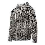 Front view of Penumbra Painting No. 1 zip hoodie by Chicago artist Nicholas Hayes. Unisex relaxed fit with all-over abstract print, cotton-feel face and warm brushed-fleece lining, double-lined hood, premium zipper. The hoodie is black with white shapes that looks like cells floating.