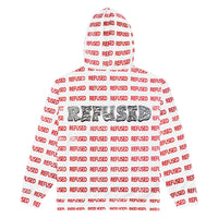 Back view of a white zip hoodie with the word refused printed in a patter across the entire hooded sweatshirt.  Back view of the Refused zip hoodie showing the all-over print and double-lined hood with design on both sides; unisex relaxed fit provides easy layering while the brushed-fleece interior adds warmth for everyday wear. Nicholas Hayes Art.