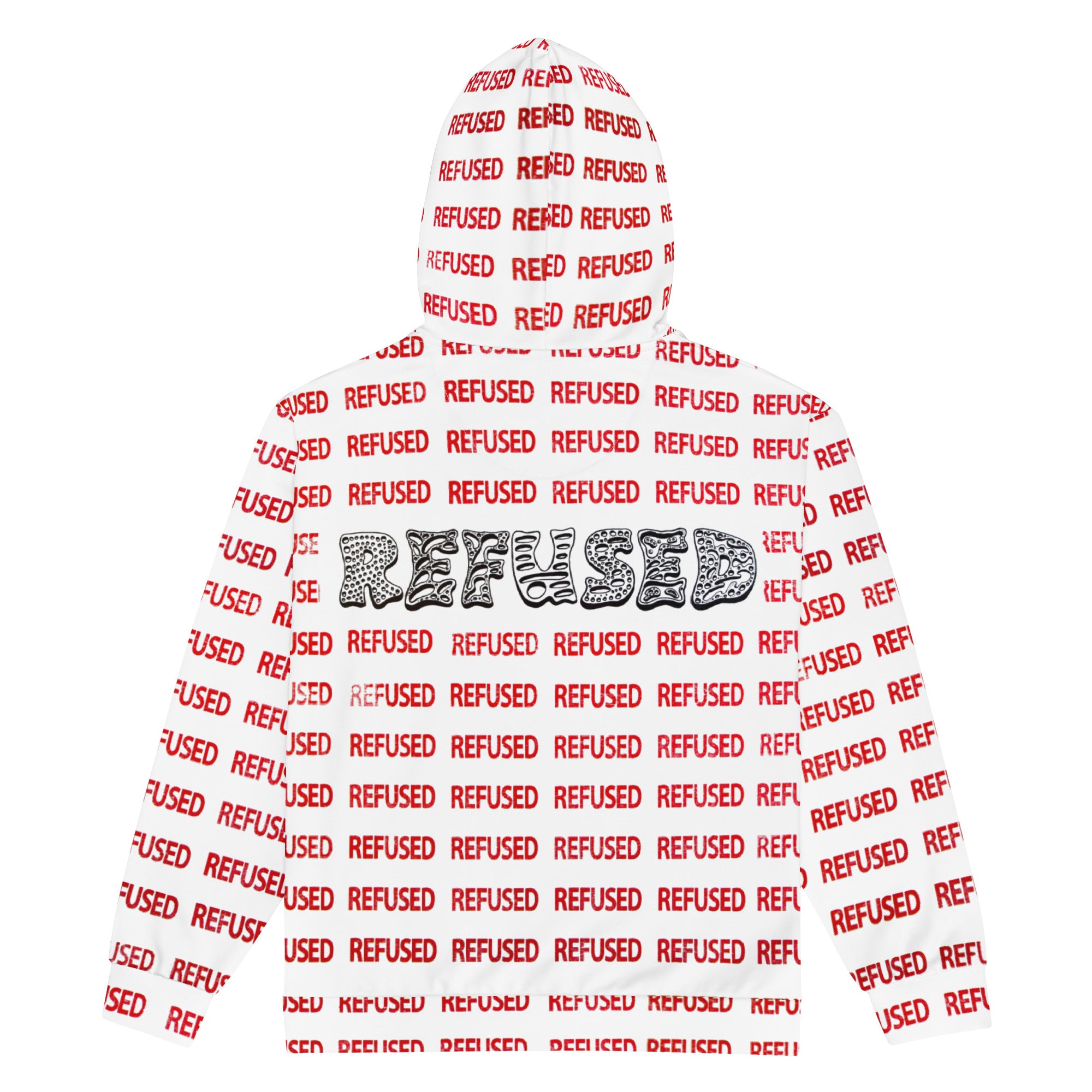 Back view of a white zip hoodie with the word refused printed in a patter across the entire hooded sweatshirt.  Back view of the Refused zip hoodie showing the all-over print and double-lined hood with design on both sides; unisex relaxed fit provides easy layering while the brushed-fleece interior adds warmth for everyday wear. Nicholas Hayes Art.