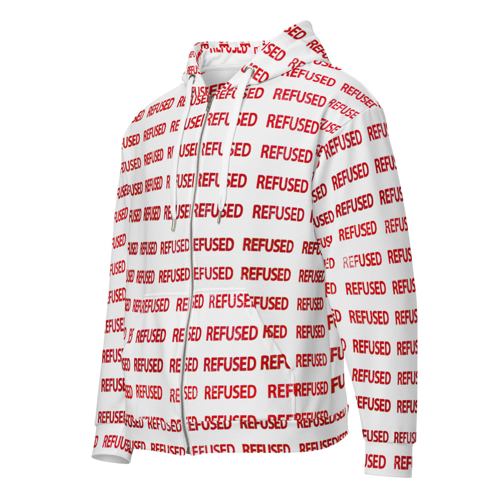 Front view of A white zip hoodie with the word 'REFUSED' printed in red text across the surface zip hoodie by Nicholas Hayes — unisex relaxed fit with soft cotton-feel face, brushed-fleece interior, double-lined hood, and premium zipper; features the bold Refused artwork as an all-over print for everyday streetwear style. 