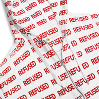 Inside view of a white hoodie with the words Refused printed in red and black.  There is a logo showing a golden sun inside the sweatshirt.  zip hoodie showing the all-over print and double-lined hood with design on both sides; unisex relaxed fit provides easy layering while the brushed-fleece interior adds warmth for everyday wear. Nicholas Hayes Art