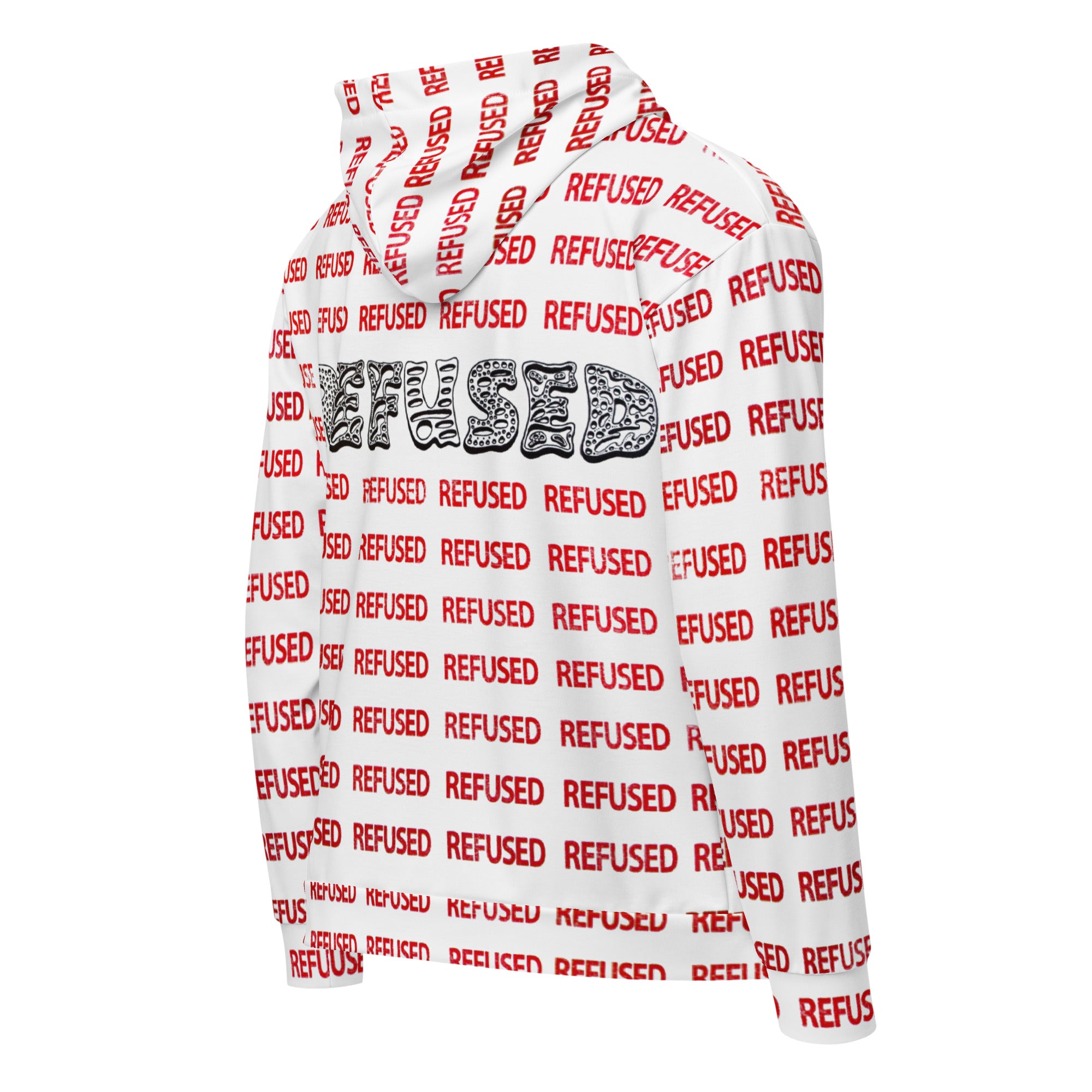 three quarter view of the backside of a white hoodie with red lettering and black lettering spelling the word REFUSED.  the design is by Nicholas Hayes and creates a pattern across the entire jacket.