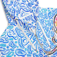 zip hoodie that is blue and white with an octopus made out of shapes. optical art. octopus optical illusion. op art by Nicholas Hayes, artist. 