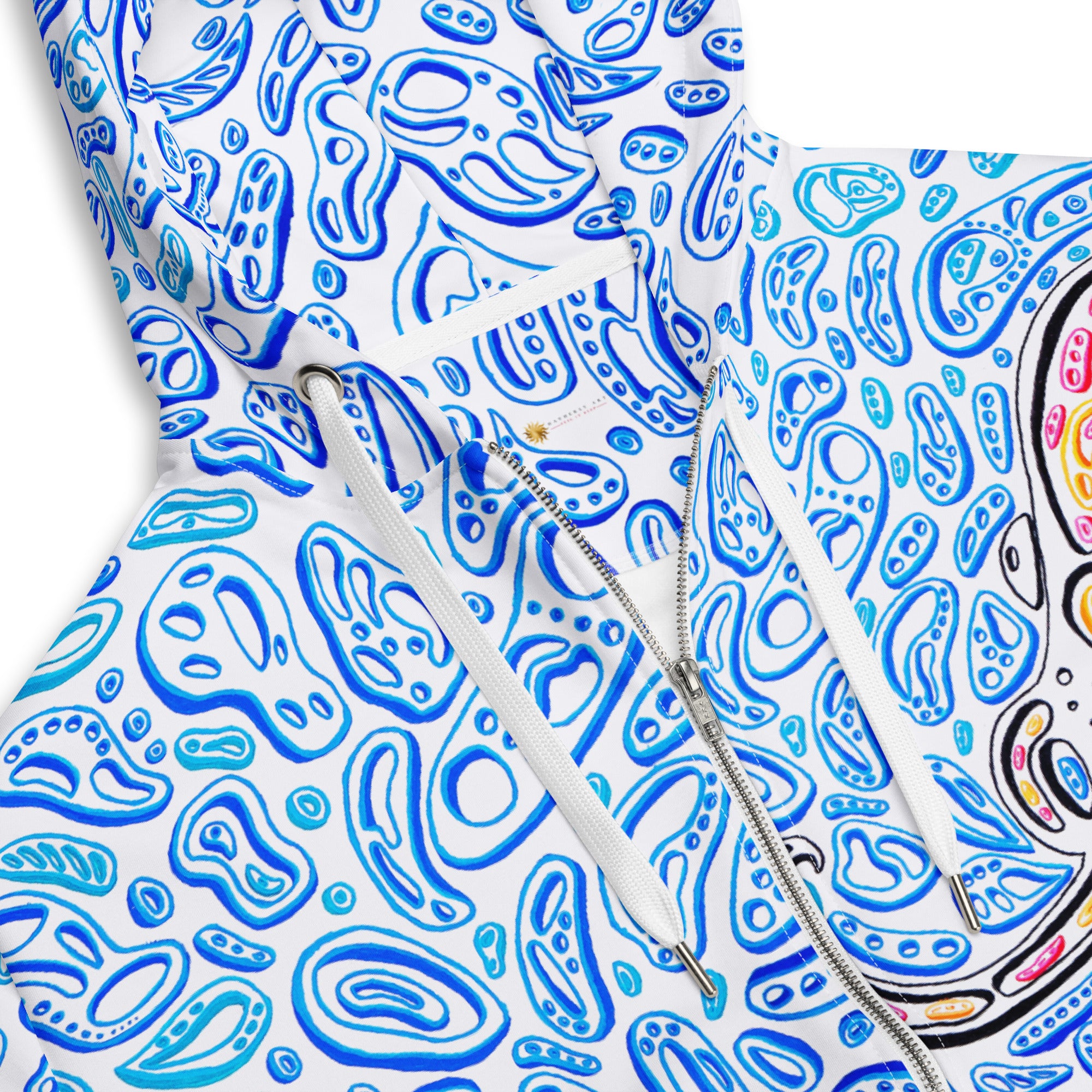 zip hoodie that is blue and white with an octopus made out of shapes. optical art. octopus optical illusion. op art by Nicholas Hayes, artist. 