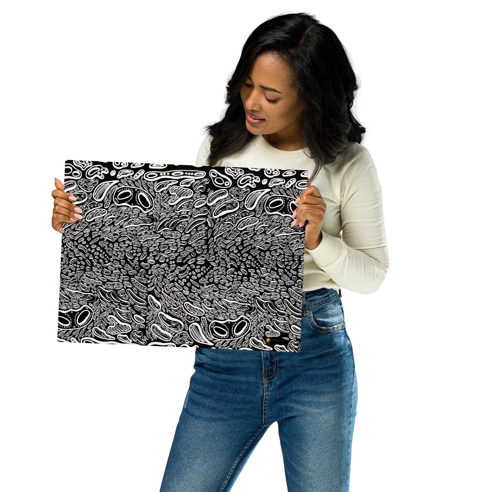 Person holding ‘Penumbra Painting Number One’ 12×16 print to show true scale. Bold abstract motif of cells and mitochondria in 3D printed on thick matte paper; ready for framing and modern wall décor in U.S. homes or studios.