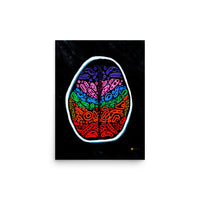Straight-on product view of ‘Penumbra Painting No. 2’ 12×16 fine art print. Vivid multicolor abstract brain design on deep black background; premium thick matte paper for gallery-style presentation and contemporary home décor. Artwork by Nicholas Hayes